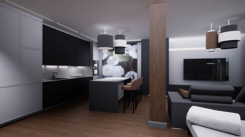 kuchnia z salonem w-szarościach-antracycie-brązach-i-drewnie