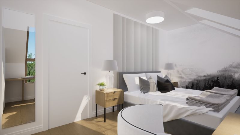 szarość-biel-drewno-panele-tapicerowane-i-tapeta-w-sypialni