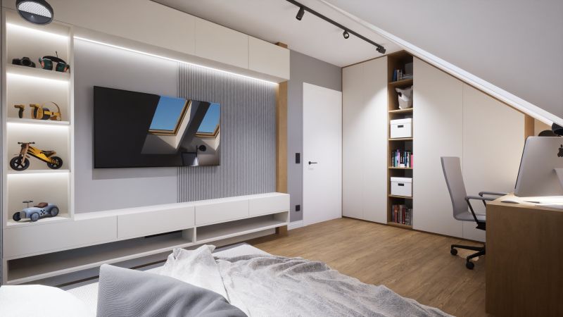 pokój-nastolatka-w-szarościach-z-drewnem-i-ścianką-tv-z-lamelami